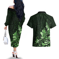 Matariki New Zealand Couples Matching Off The Shoulder Long Sleeve Dress and Hawaiian Shirt Maori Pattern Green Galaxy LT05 - Polynesian Pride