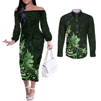 Matariki New Zealand Couples Matching Off The Shoulder Long Sleeve Dress and Long Sleeve Button Shirt Maori Pattern Green Galaxy LT05 Green - Polynesian Pride