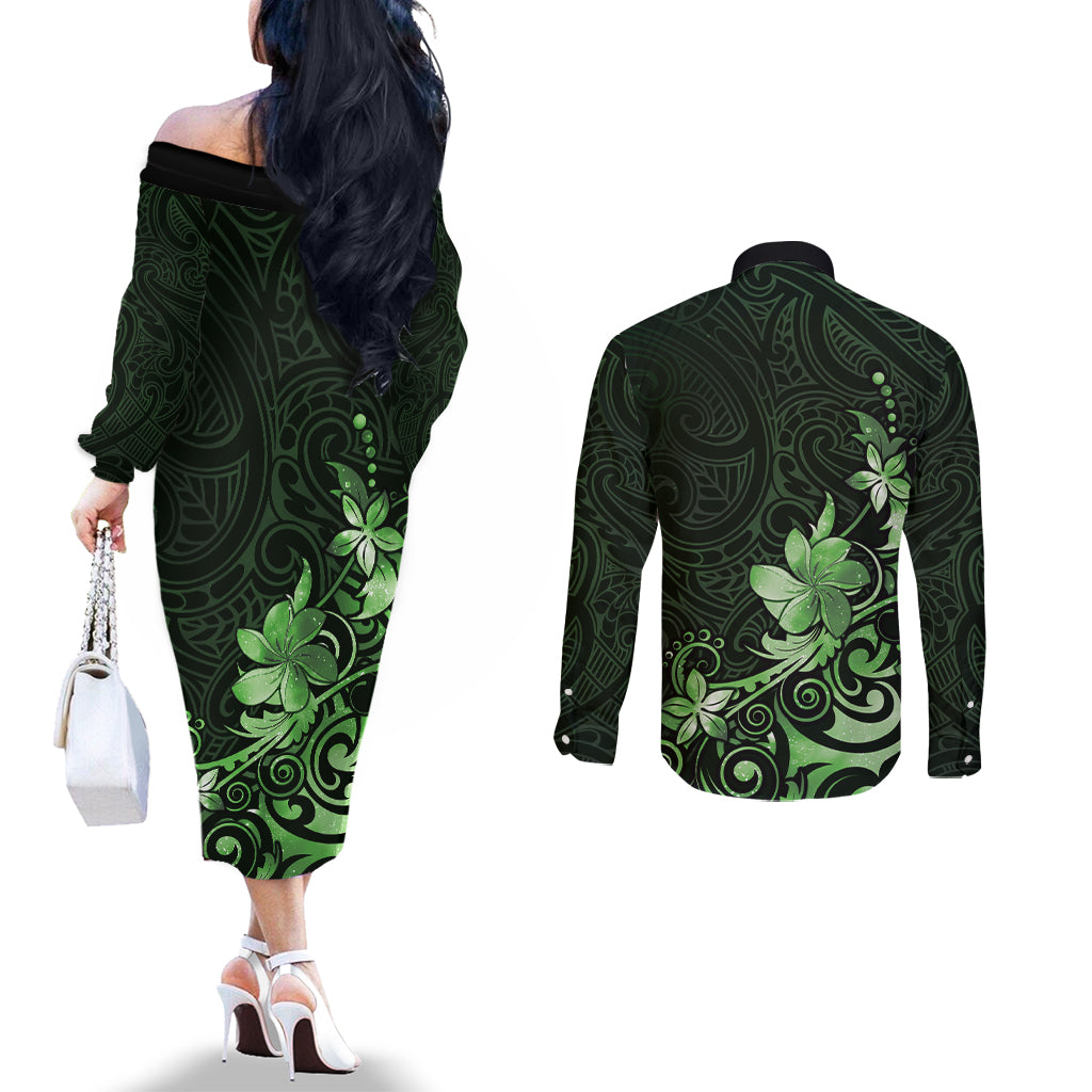 Matariki New Zealand Couples Matching Off The Shoulder Long Sleeve Dress and Long Sleeve Button Shirt Maori Pattern Green Galaxy LT05 - Polynesian Pride