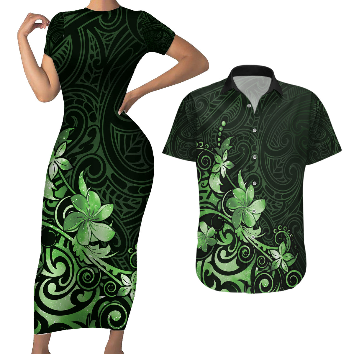 Matariki New Zealand Couples Matching Short Sleeve Bodycon Dress and Hawaiian Shirt Maori Pattern Green Galaxy LT05 Green - Polynesian Pride