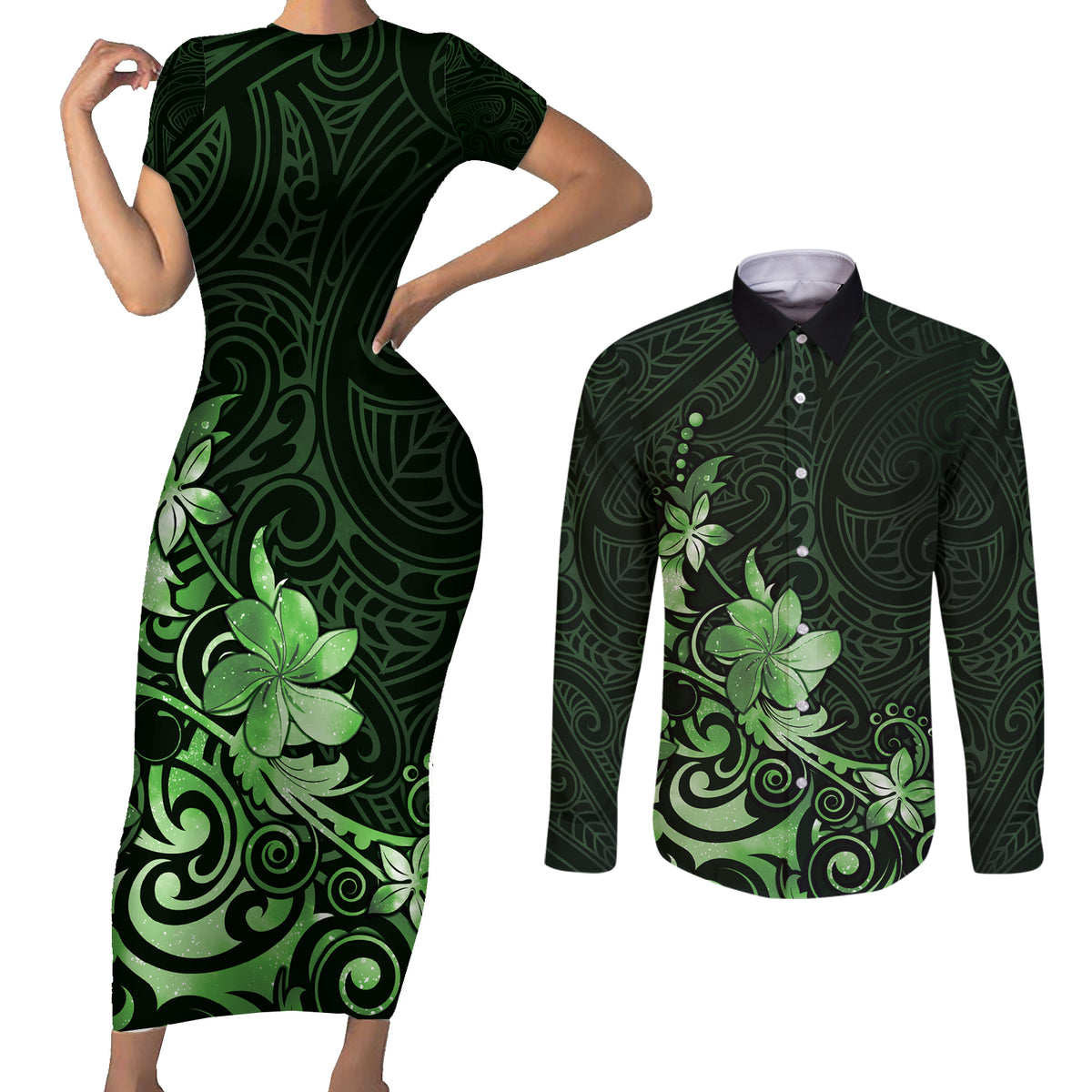 Matariki New Zealand Couples Matching Short Sleeve Bodycon Dress and Long Sleeve Button Shirt Maori Pattern Green Galaxy LT05 Green - Polynesian Pride