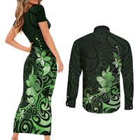 Matariki New Zealand Couples Matching Short Sleeve Bodycon Dress and Long Sleeve Button Shirt Maori Pattern Green Galaxy LT05 - Polynesian Pride