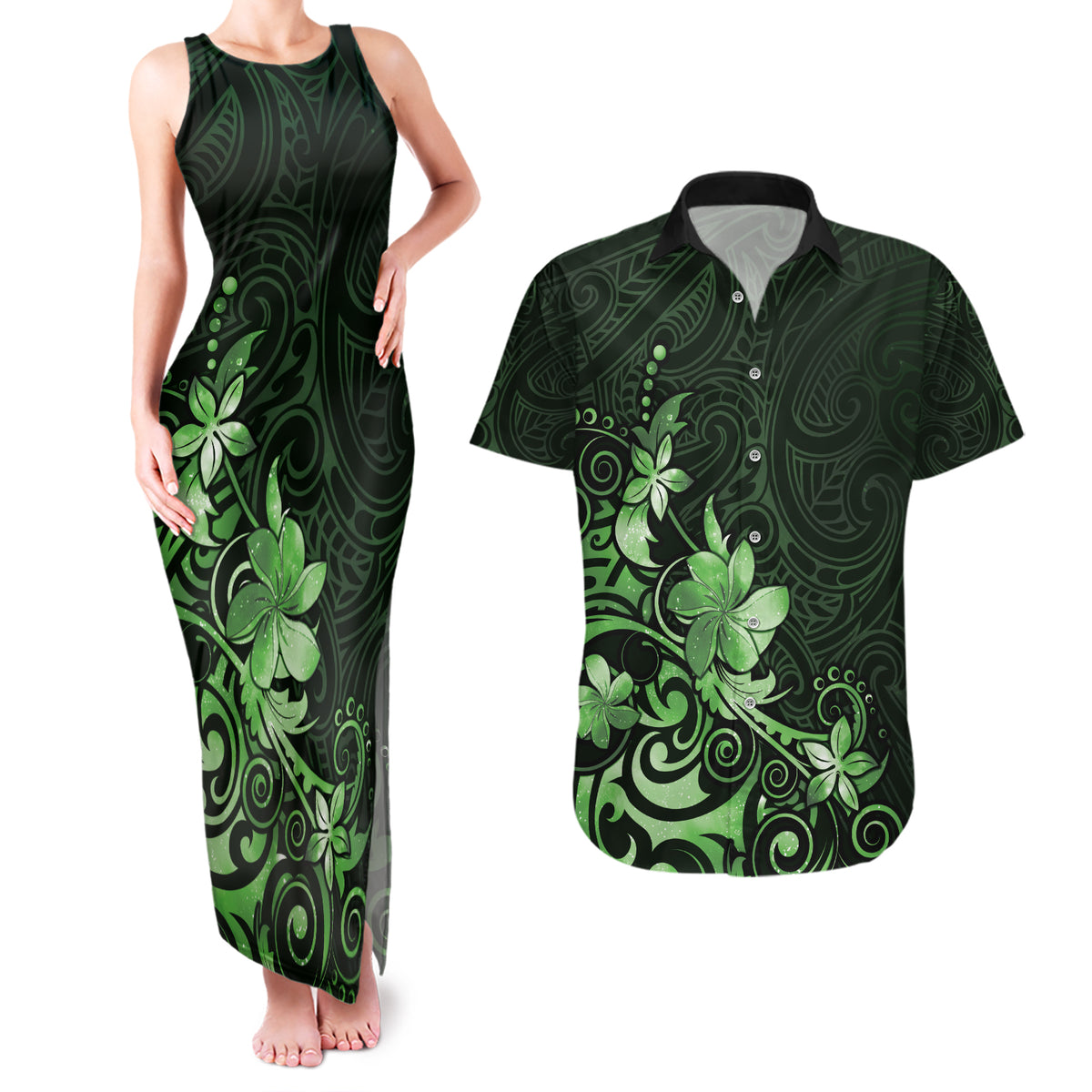 Matariki New Zealand Couples Matching Tank Maxi Dress and Hawaiian Shirt Maori Pattern Green Galaxy LT05 Green - Polynesian Pride
