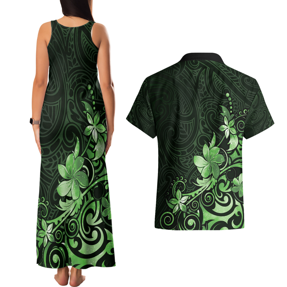 Matariki New Zealand Couples Matching Tank Maxi Dress and Hawaiian Shirt Maori Pattern Green Galaxy LT05 - Polynesian Pride