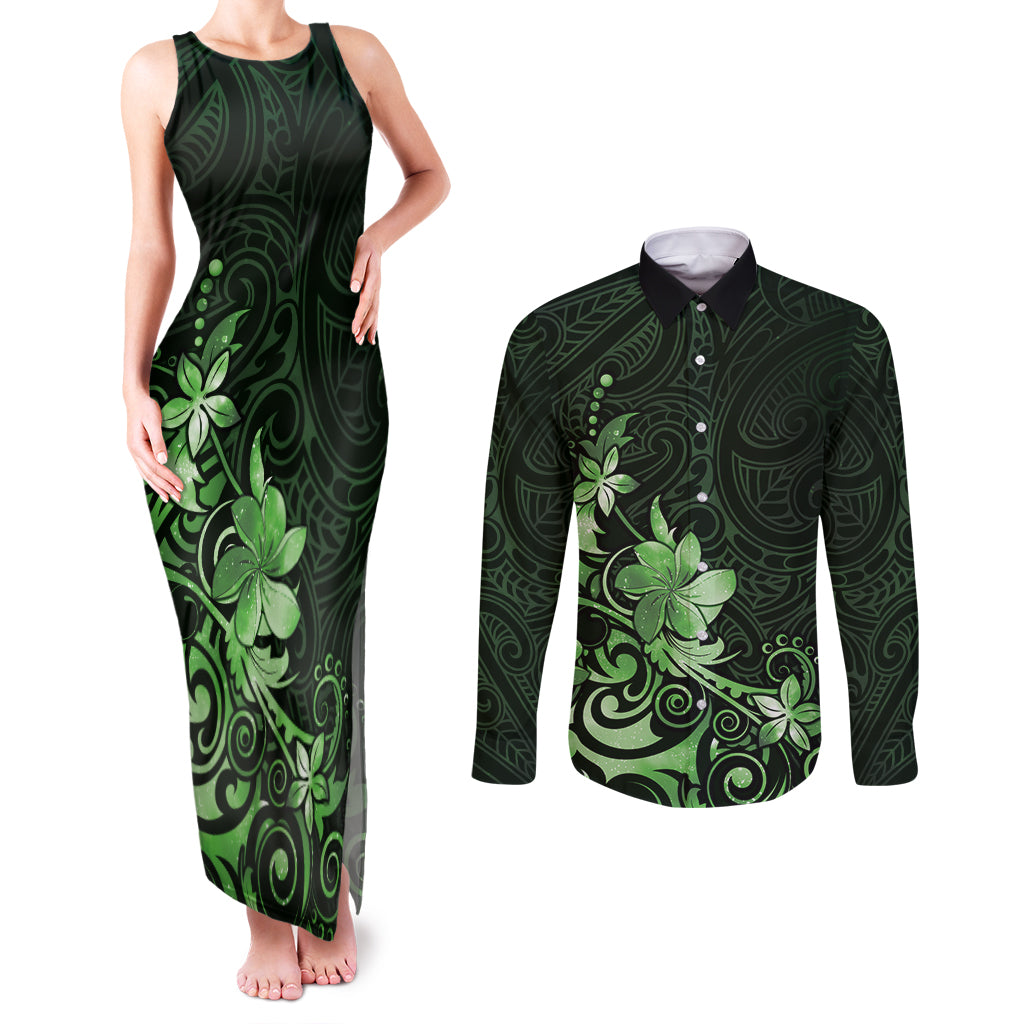 Matariki New Zealand Couples Matching Tank Maxi Dress and Long Sleeve Button Shirt Maori Pattern Green Galaxy LT05 Green - Polynesian Pride