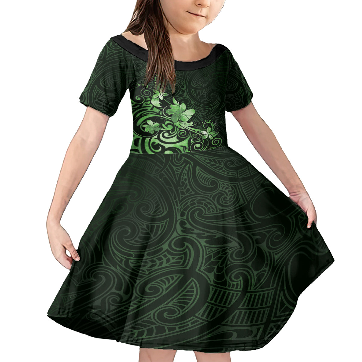 Matariki New Zealand Family Matching Mermaid Dress and Hawaiian Shirt Maori Pattern Green Galaxy LT05 Daughter's Dress Green - Polynesian Pride