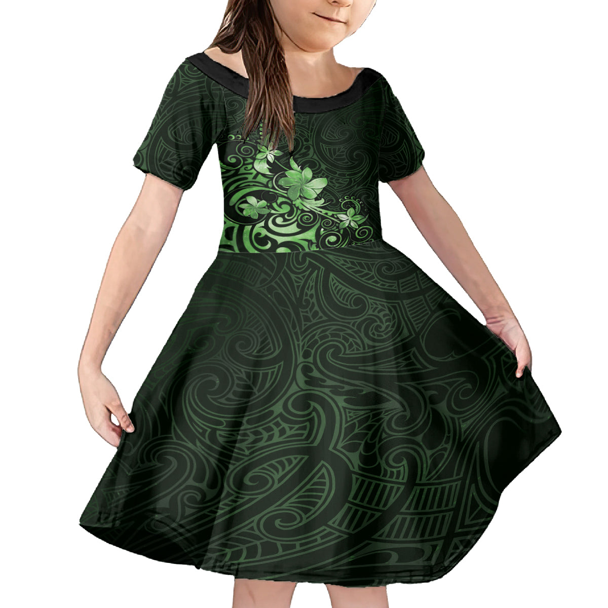Matariki New Zealand Family Matching Off Shoulder Maxi Dress and Hawaiian Shirt Maori Pattern Green Galaxy LT05 Daughter's Dress Green - Polynesian Pride