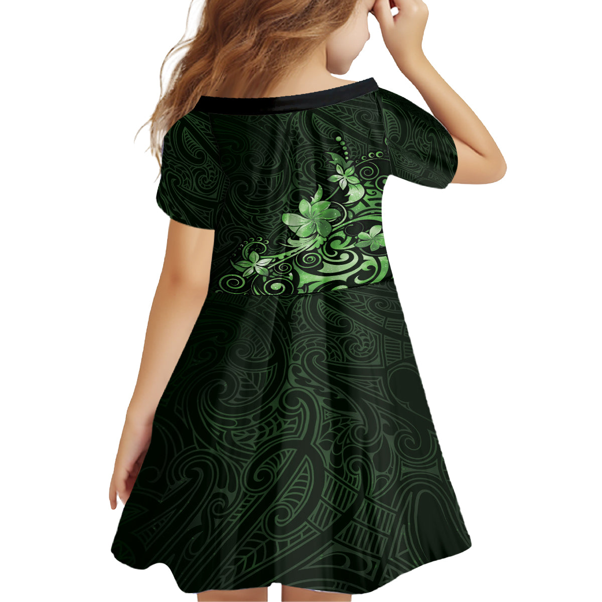 Matariki New Zealand Family Matching Off Shoulder Short Dress and Hawaiian Shirt Maori Pattern Green Galaxy LT05 - Polynesian Pride
