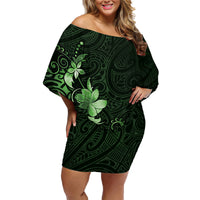 Matariki New Zealand Family Matching Off Shoulder Short Dress and Hawaiian Shirt Maori Pattern Green Galaxy LT05 Mom's Dress Green - Polynesian Pride