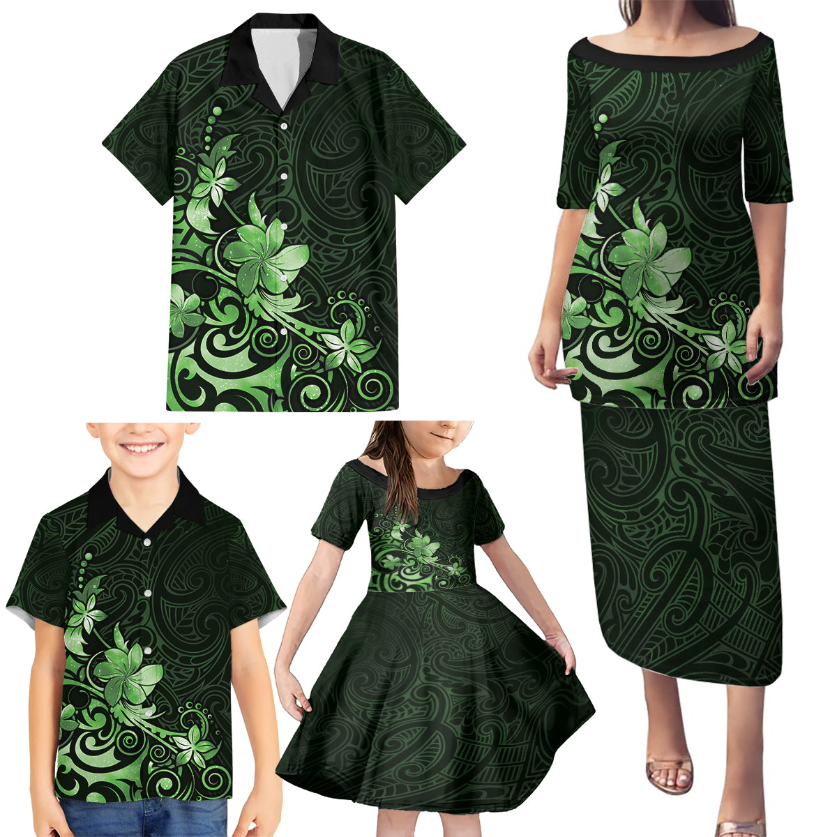 Matariki New Zealand Family Matching Puletasi and Hawaiian Shirt Maori Pattern Green Galaxy LT05 - Polynesian Pride