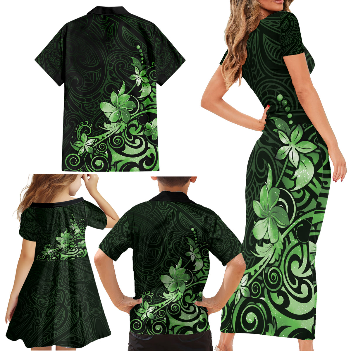 Matariki New Zealand Family Matching Short Sleeve Bodycon Dress and Hawaiian Shirt Maori Pattern Green Galaxy LT05 - Polynesian Pride