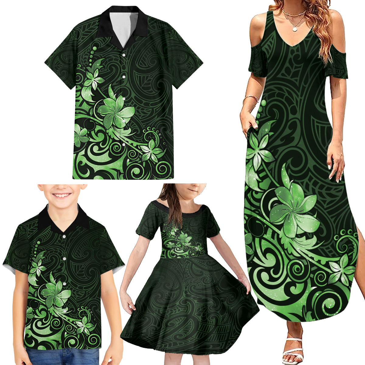 Matariki New Zealand Family Matching Summer Maxi Dress and Hawaiian Shirt Maori Pattern Green Galaxy LT05 - Polynesian Pride