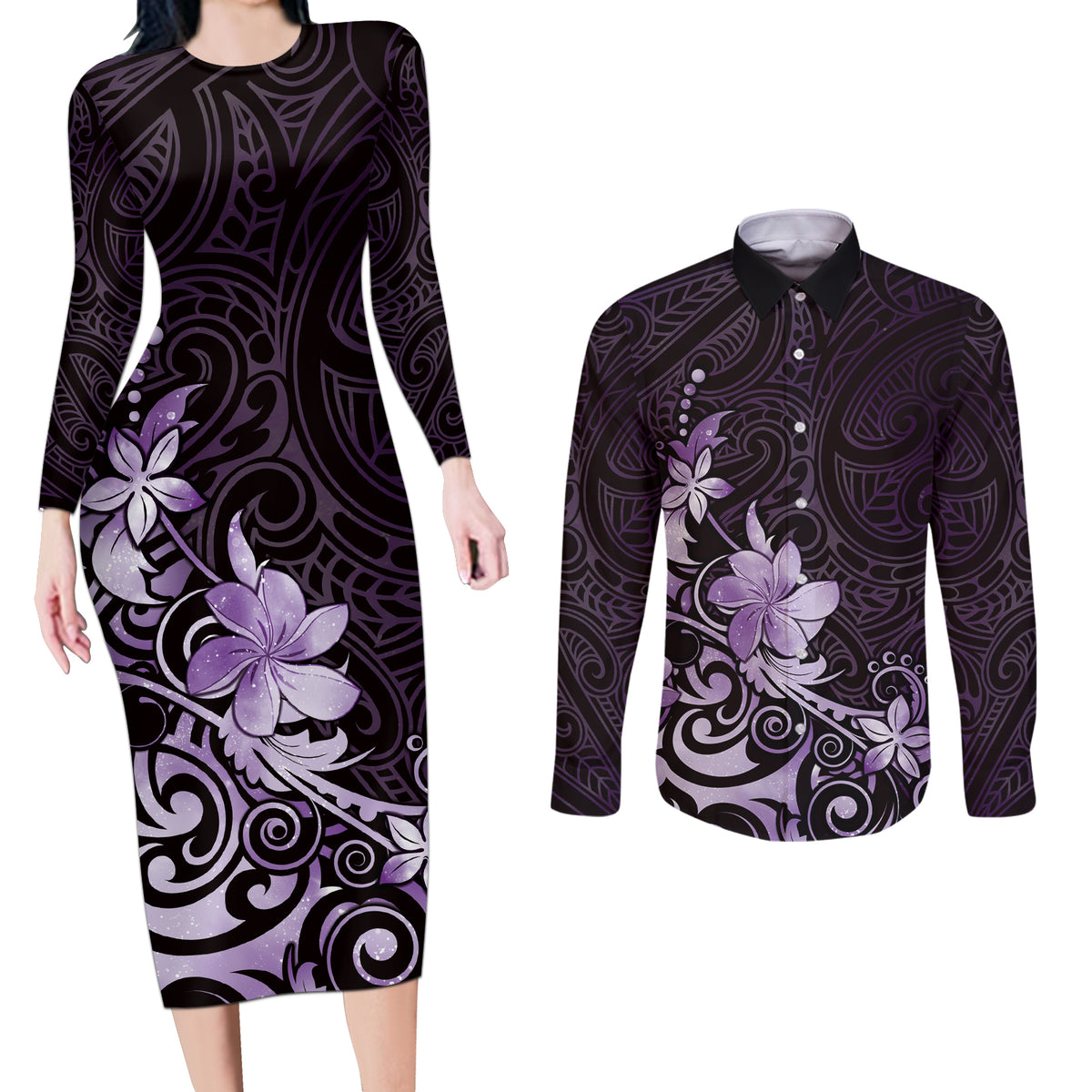 Matariki New Zealand Couples Matching Long Sleeve Bodycon Dress and Long Sleeve Button Shirt Maori Pattern Purple Galaxy LT05 Purple - Polynesian Pride