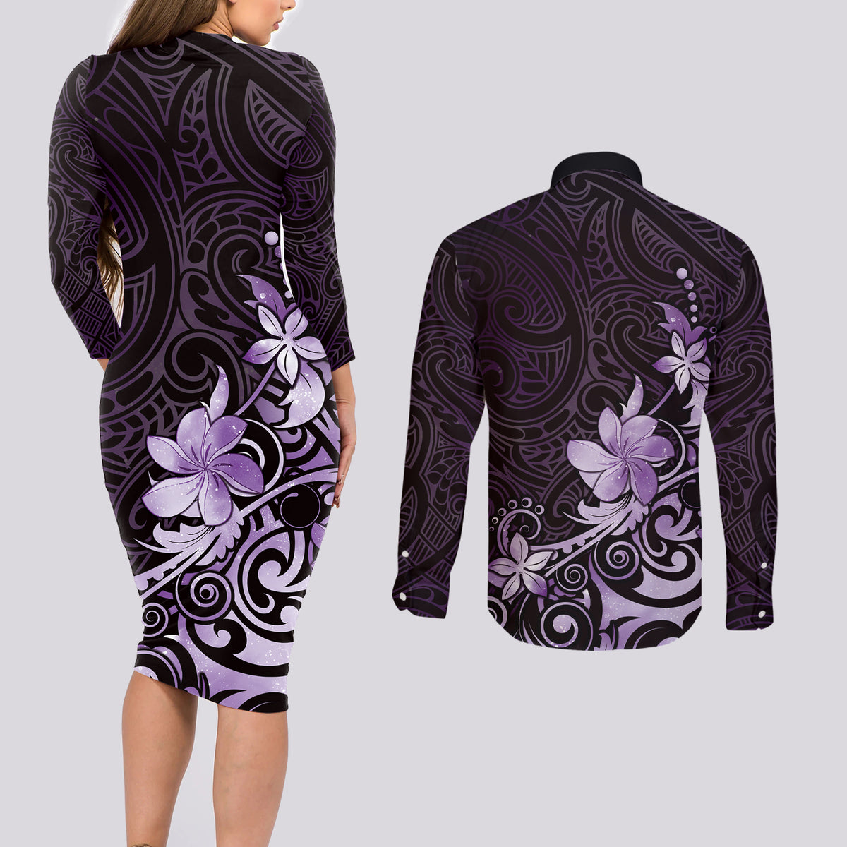Matariki New Zealand Couples Matching Long Sleeve Bodycon Dress and Long Sleeve Button Shirt Maori Pattern Purple Galaxy LT05 - Polynesian Pride