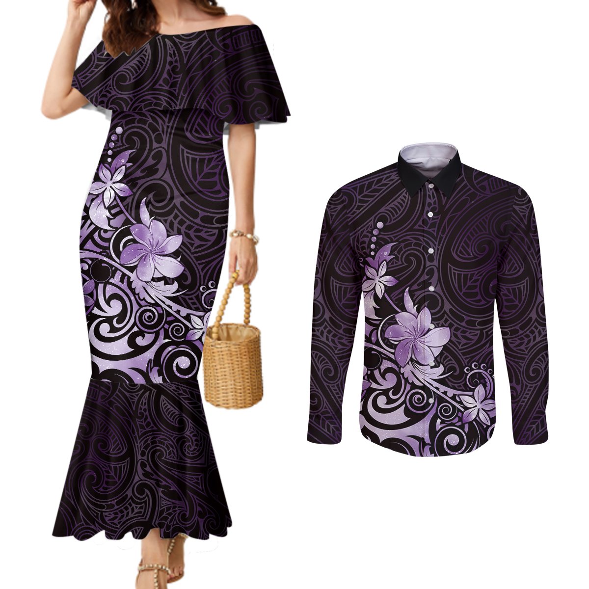 Matariki New Zealand Couples Matching Mermaid Dress and Long Sleeve Button Shirt Maori Pattern Purple Galaxy LT05 Purple - Polynesian Pride