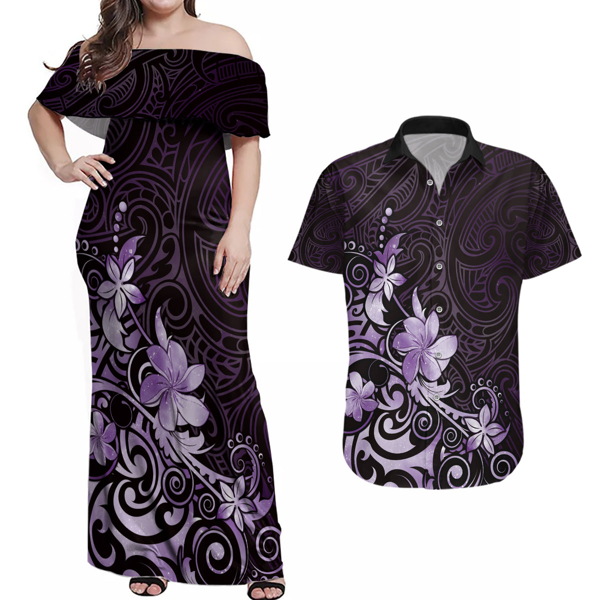 Matariki New Zealand Couples Matching Off Shoulder Maxi Dress and Hawaiian Shirt Maori Pattern Purple Galaxy LT05 Purple - Polynesian Pride