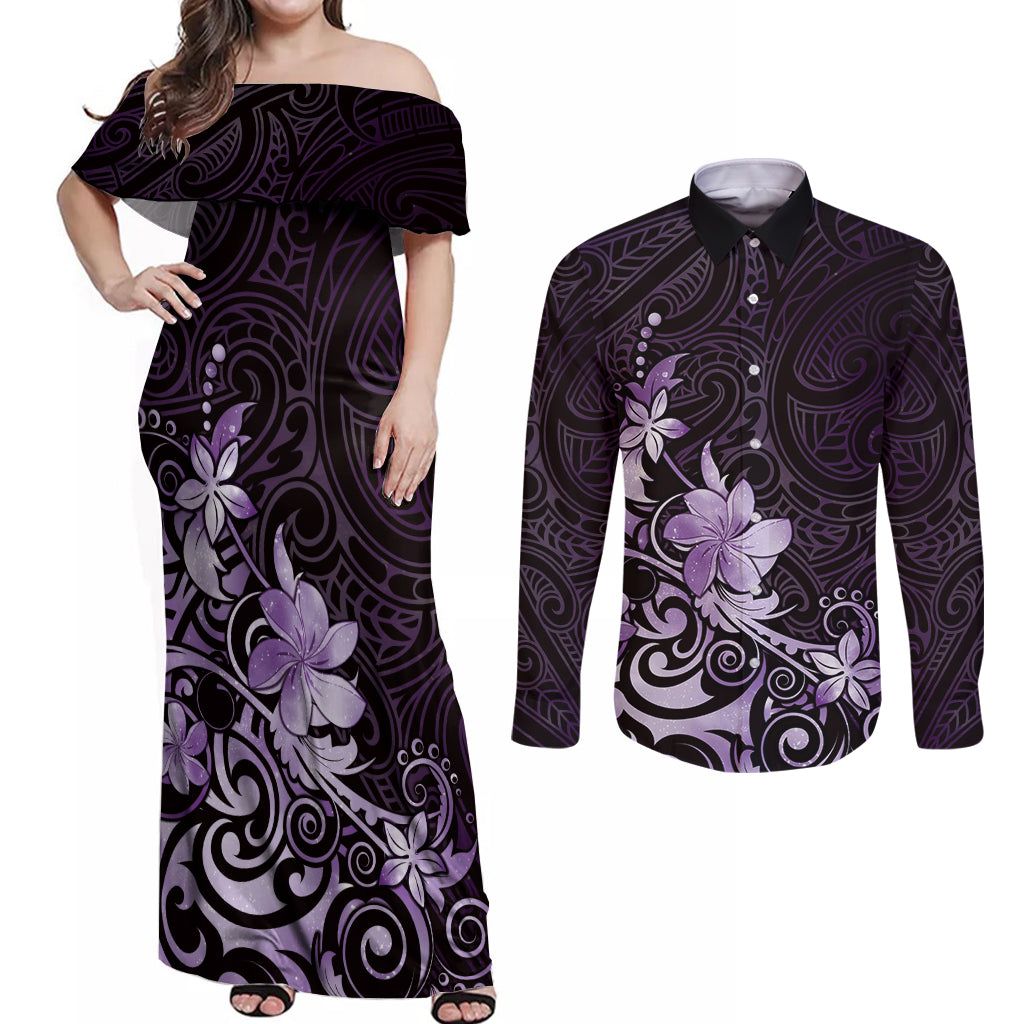 Matariki New Zealand Couples Matching Off Shoulder Maxi Dress and Long Sleeve Button Shirt Maori Pattern Purple Galaxy LT05 Purple - Polynesian Pride