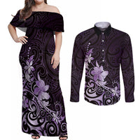 Matariki New Zealand Couples Matching Off Shoulder Maxi Dress and Long Sleeve Button Shirt Maori Pattern Purple Galaxy LT05 Purple - Polynesian Pride