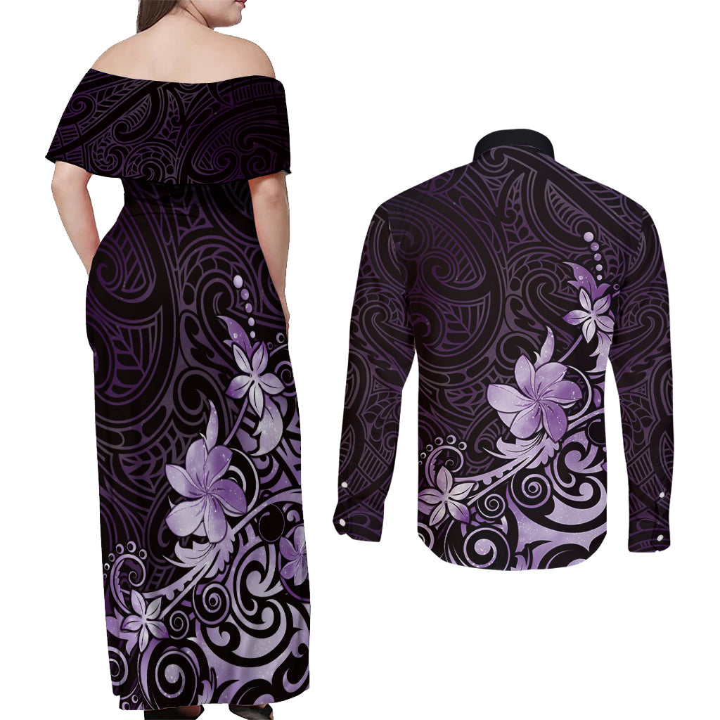 Matariki New Zealand Couples Matching Off Shoulder Maxi Dress and Long Sleeve Button Shirt Maori Pattern Purple Galaxy LT05 - Polynesian Pride