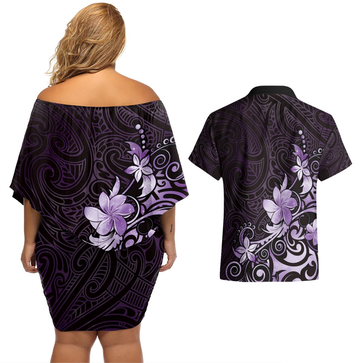 Matariki New Zealand Couples Matching Off Shoulder Short Dress and Hawaiian Shirt Maori Pattern Purple Galaxy LT05 - Polynesian Pride