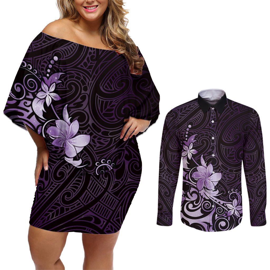 Matariki New Zealand Couples Matching Off Shoulder Short Dress and Long Sleeve Button Shirt Maori Pattern Purple Galaxy LT05 Purple - Polynesian Pride