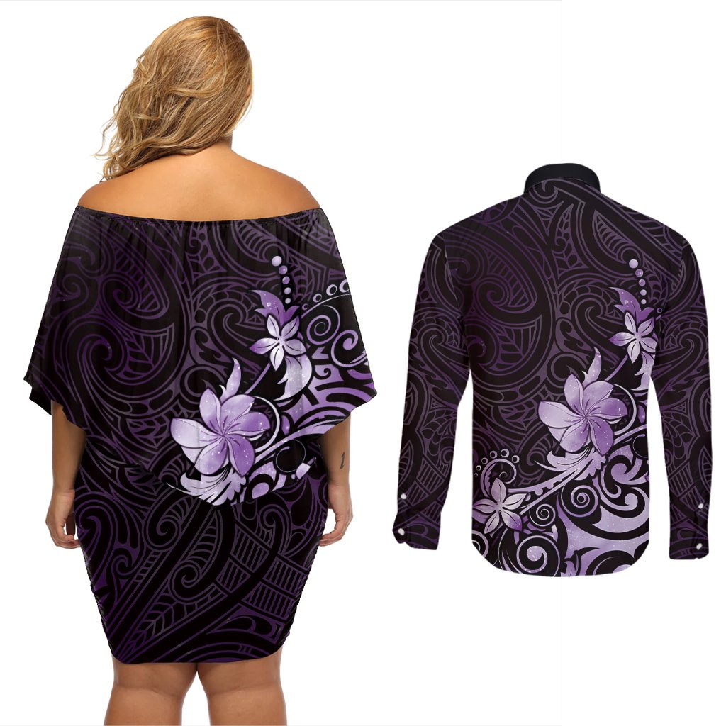 Matariki New Zealand Couples Matching Off Shoulder Short Dress and Long Sleeve Button Shirt Maori Pattern Purple Galaxy LT05 - Polynesian Pride