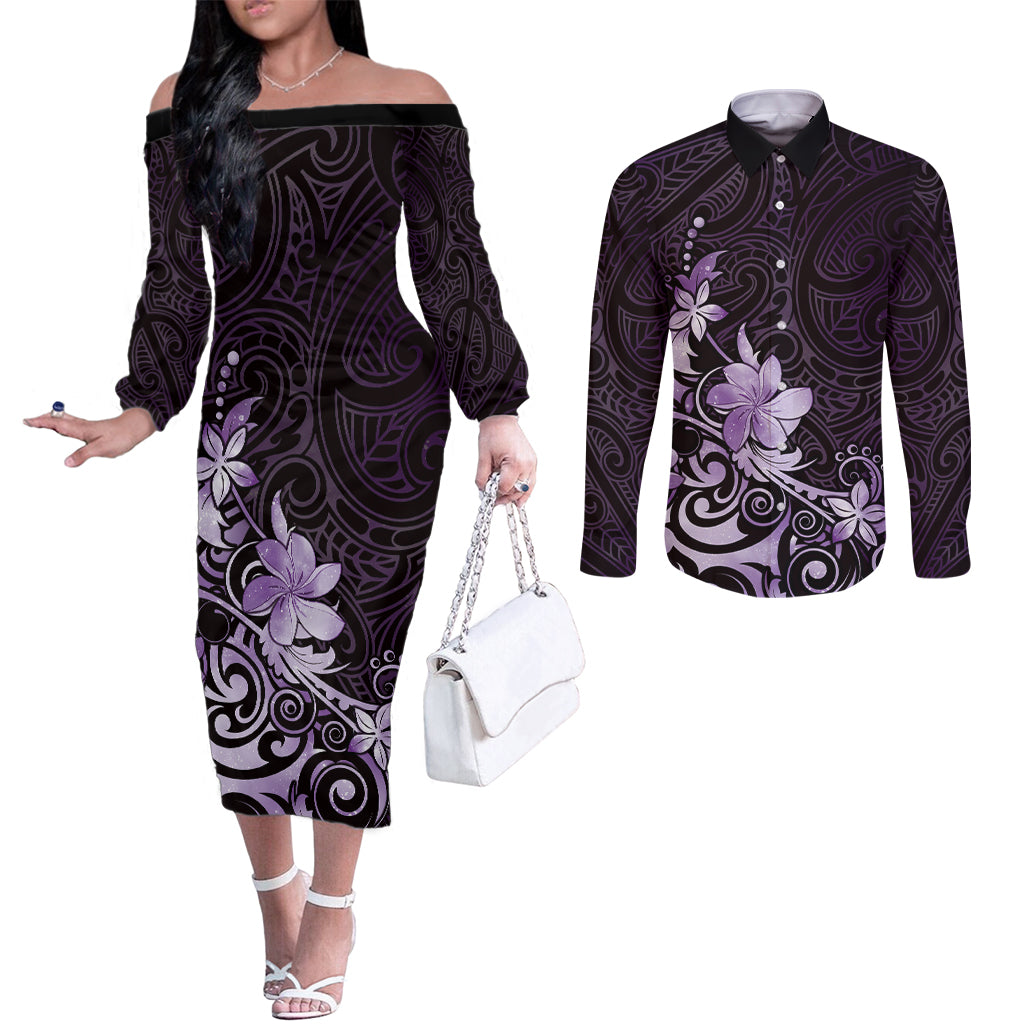 Matariki New Zealand Couples Matching Off The Shoulder Long Sleeve Dress and Long Sleeve Button Shirt Maori Pattern Purple Galaxy LT05 Purple - Polynesian Pride