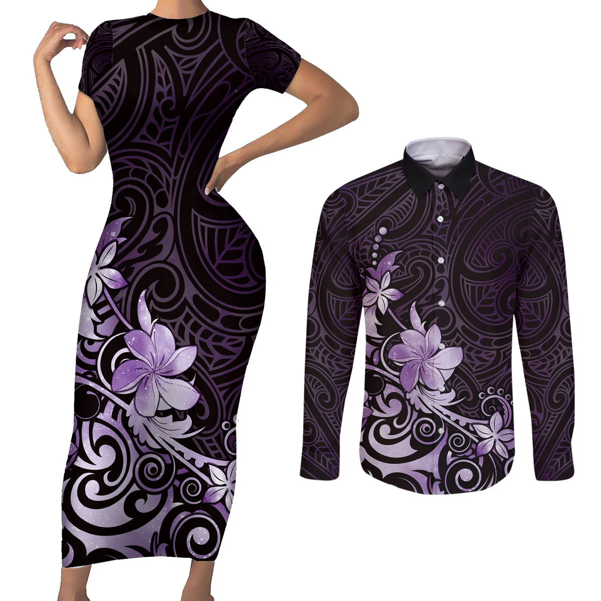 Matariki New Zealand Couples Matching Short Sleeve Bodycon Dress and Long Sleeve Button Shirt Maori Pattern Purple Galaxy LT05 Purple - Polynesian Pride