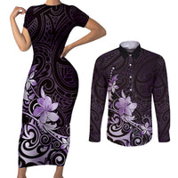 Matariki New Zealand Couples Matching Short Sleeve Bodycon Dress and Long Sleeve Button Shirt Maori Pattern Purple Galaxy LT05 Purple - Polynesian Pride