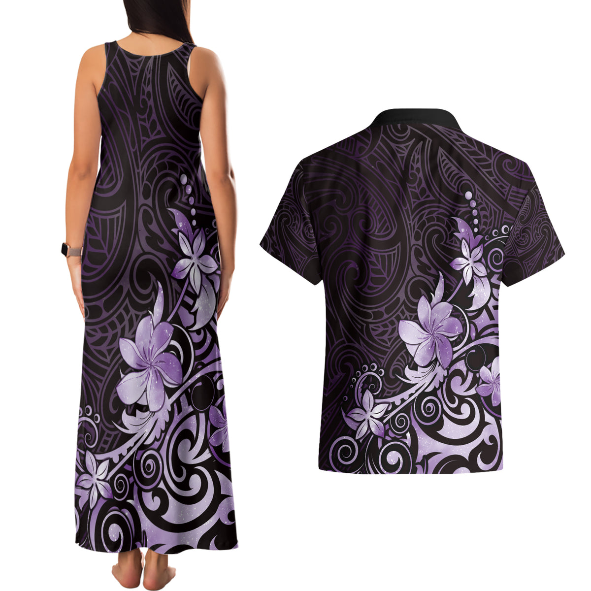 Matariki New Zealand Couples Matching Tank Maxi Dress and Hawaiian Shirt Maori Pattern Purple Galaxy LT05 - Polynesian Pride