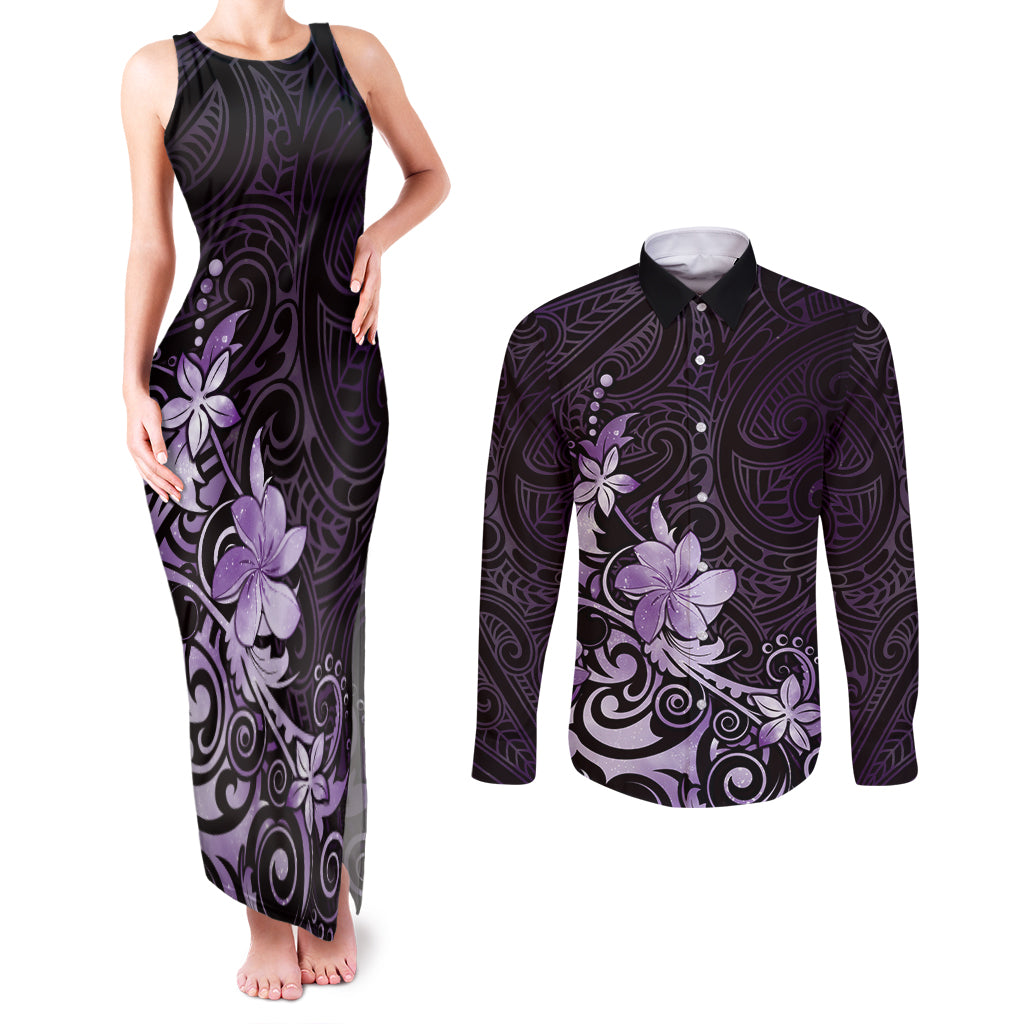 Matariki New Zealand Couples Matching Tank Maxi Dress and Long Sleeve Button Shirt Maori Pattern Purple Galaxy LT05 Purple - Polynesian Pride