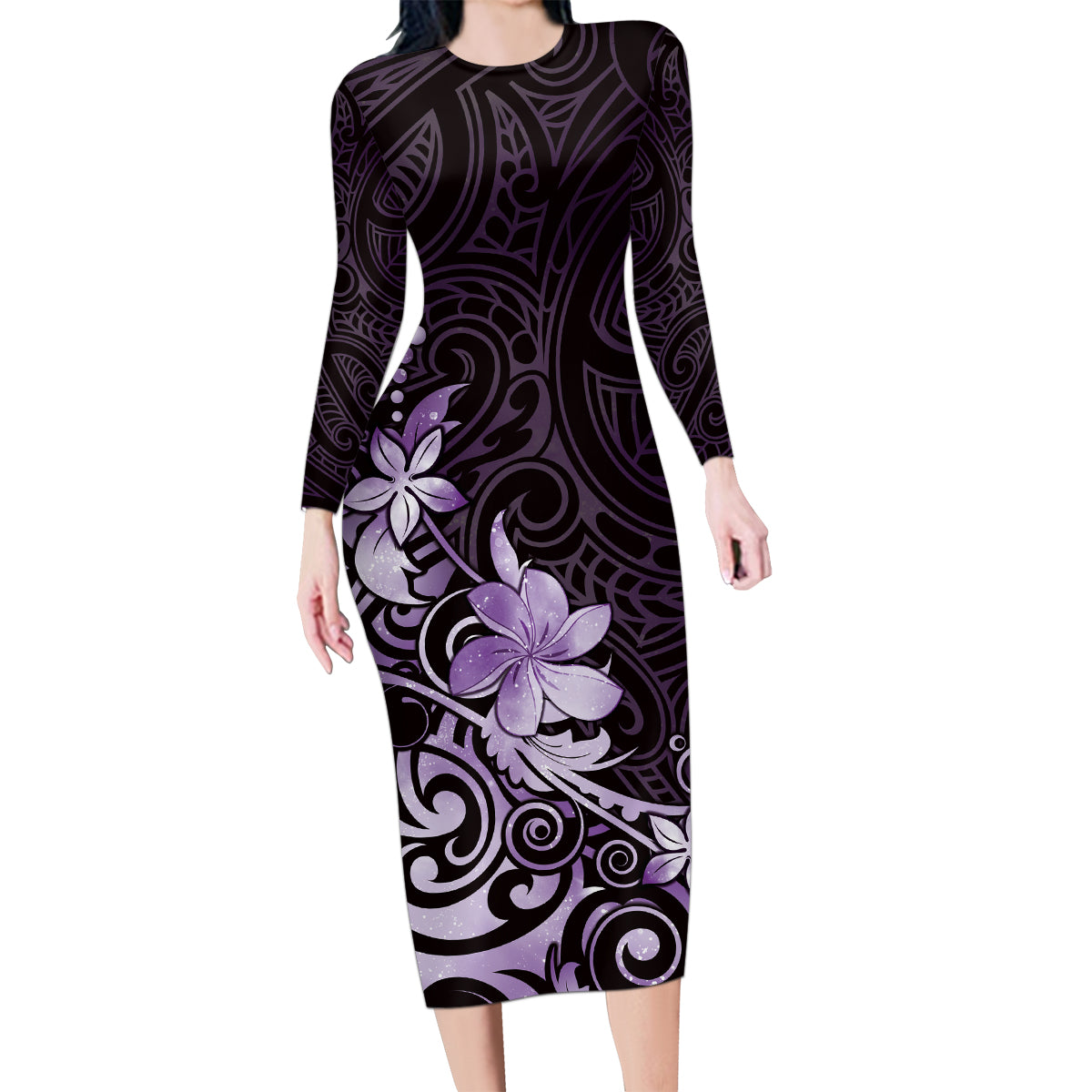 Matariki New Zealand Family Matching Long Sleeve Bodycon Dress and Hawaiian Shirt Maori Pattern Purple Galaxy LT05 Mom's Dress Purple - Polynesian Pride