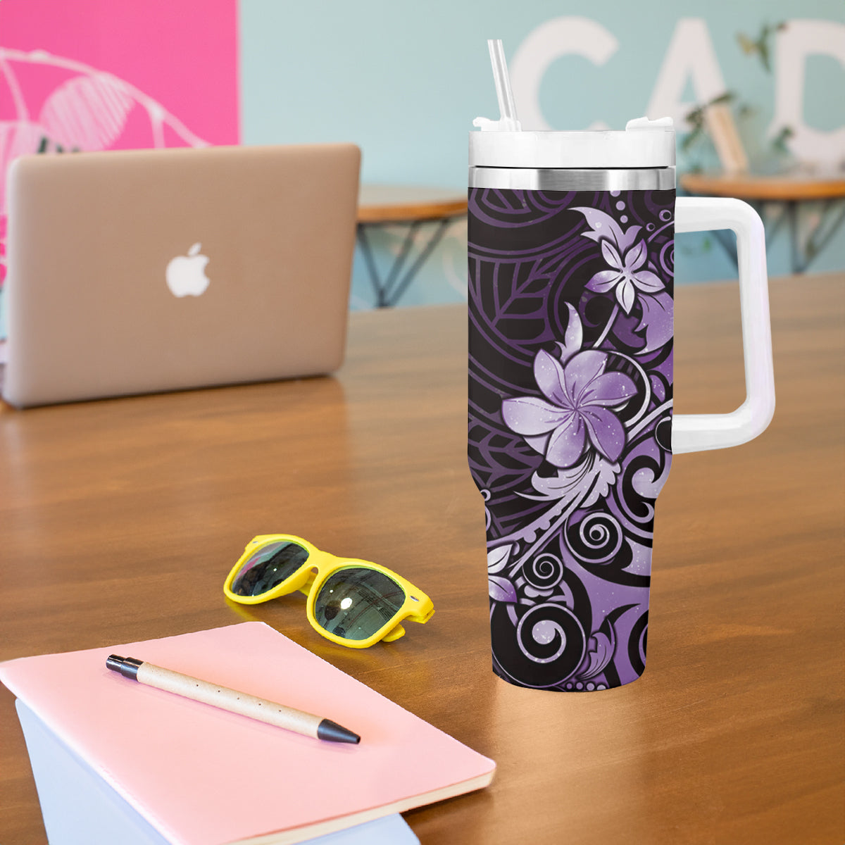 Matariki New Zealand Tumbler With Handle Maori Pattern Purple Galaxy