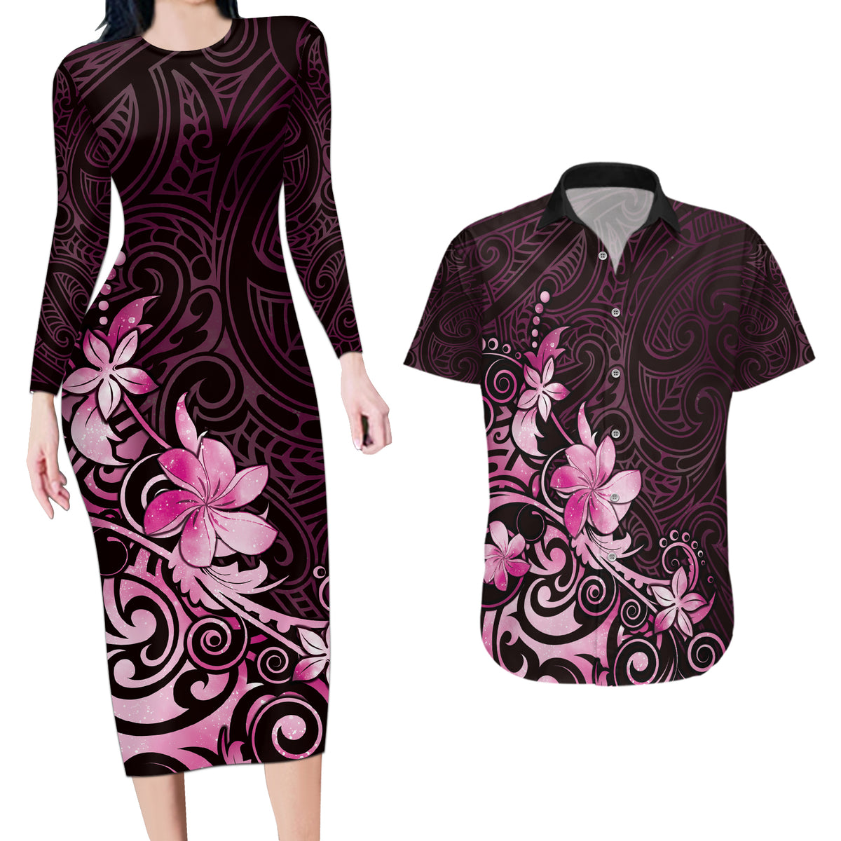 Matariki New Zealand Couples Matching Long Sleeve Bodycon Dress and Hawaiian Shirt Maori Pattern Pink Galaxy LT05 Pink - Polynesian Pride