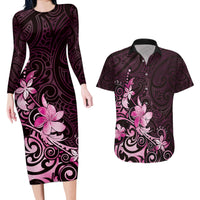 Matariki New Zealand Couples Matching Long Sleeve Bodycon Dress and Hawaiian Shirt Maori Pattern Pink Galaxy LT05 Pink - Polynesian Pride
