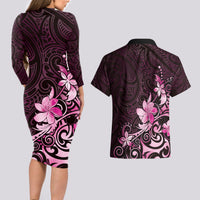 Matariki New Zealand Couples Matching Long Sleeve Bodycon Dress and Hawaiian Shirt Maori Pattern Pink Galaxy LT05 - Polynesian Pride