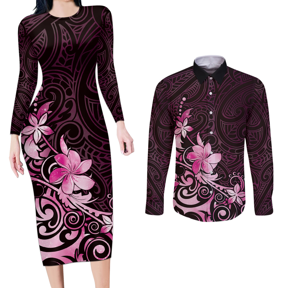 Matariki New Zealand Couples Matching Long Sleeve Bodycon Dress and Long Sleeve Button Shirt Maori Pattern Pink Galaxy LT05 Pink - Polynesian Pride