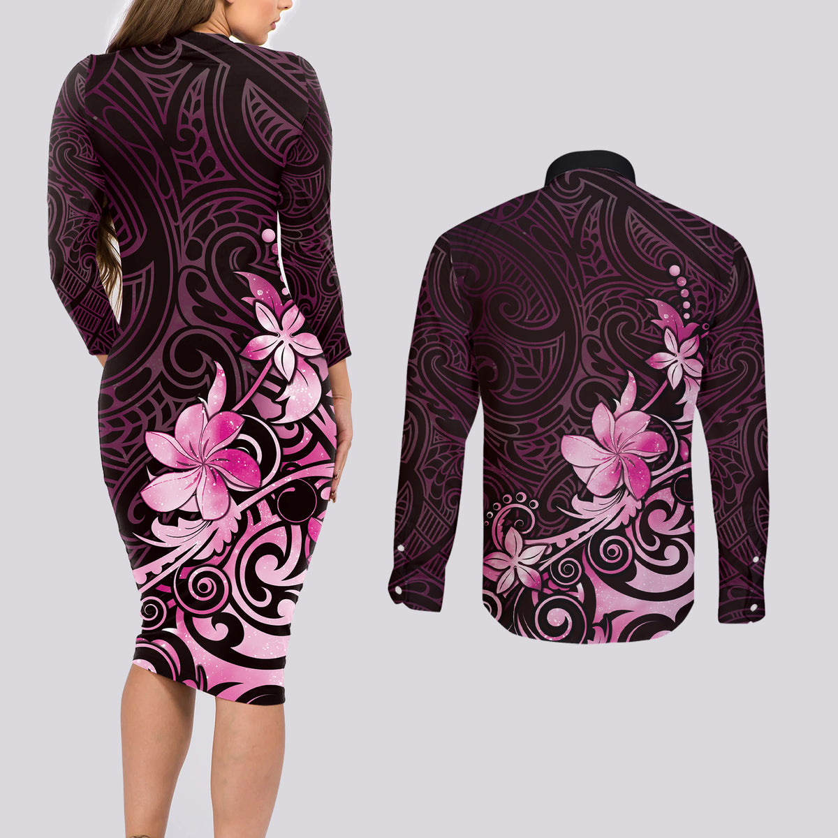 Matariki New Zealand Couples Matching Long Sleeve Bodycon Dress and Long Sleeve Button Shirt Maori Pattern Pink Galaxy LT05 - Polynesian Pride