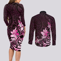 Matariki New Zealand Couples Matching Long Sleeve Bodycon Dress and Long Sleeve Button Shirt Maori Pattern Pink Galaxy LT05 - Polynesian Pride