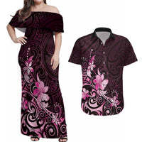 Matariki New Zealand Couples Matching Off Shoulder Maxi Dress and Hawaiian Shirt Maori Pattern Pink Galaxy LT05 Pink - Polynesian Pride