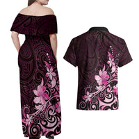 Matariki New Zealand Couples Matching Off Shoulder Maxi Dress and Hawaiian Shirt Maori Pattern Pink Galaxy LT05 - Polynesian Pride