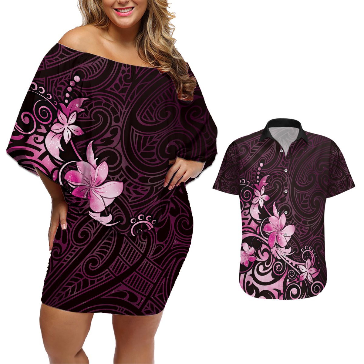 Matariki New Zealand Couples Matching Off Shoulder Short Dress and Hawaiian Shirt Maori Pattern Pink Galaxy LT05 Pink - Polynesian Pride