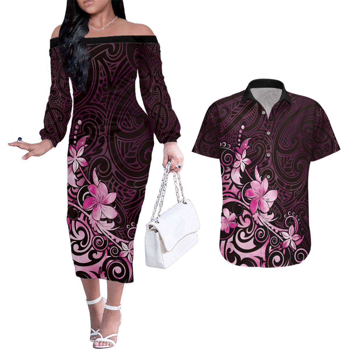 Matariki New Zealand Couples Matching Off The Shoulder Long Sleeve Dress and Hawaiian Shirt Maori Pattern Pink Galaxy LT05 Pink - Polynesian Pride