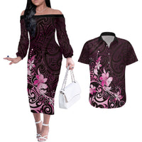 Matariki New Zealand Couples Matching Off The Shoulder Long Sleeve Dress and Hawaiian Shirt Maori Pattern Pink Galaxy LT05 Pink - Polynesian Pride