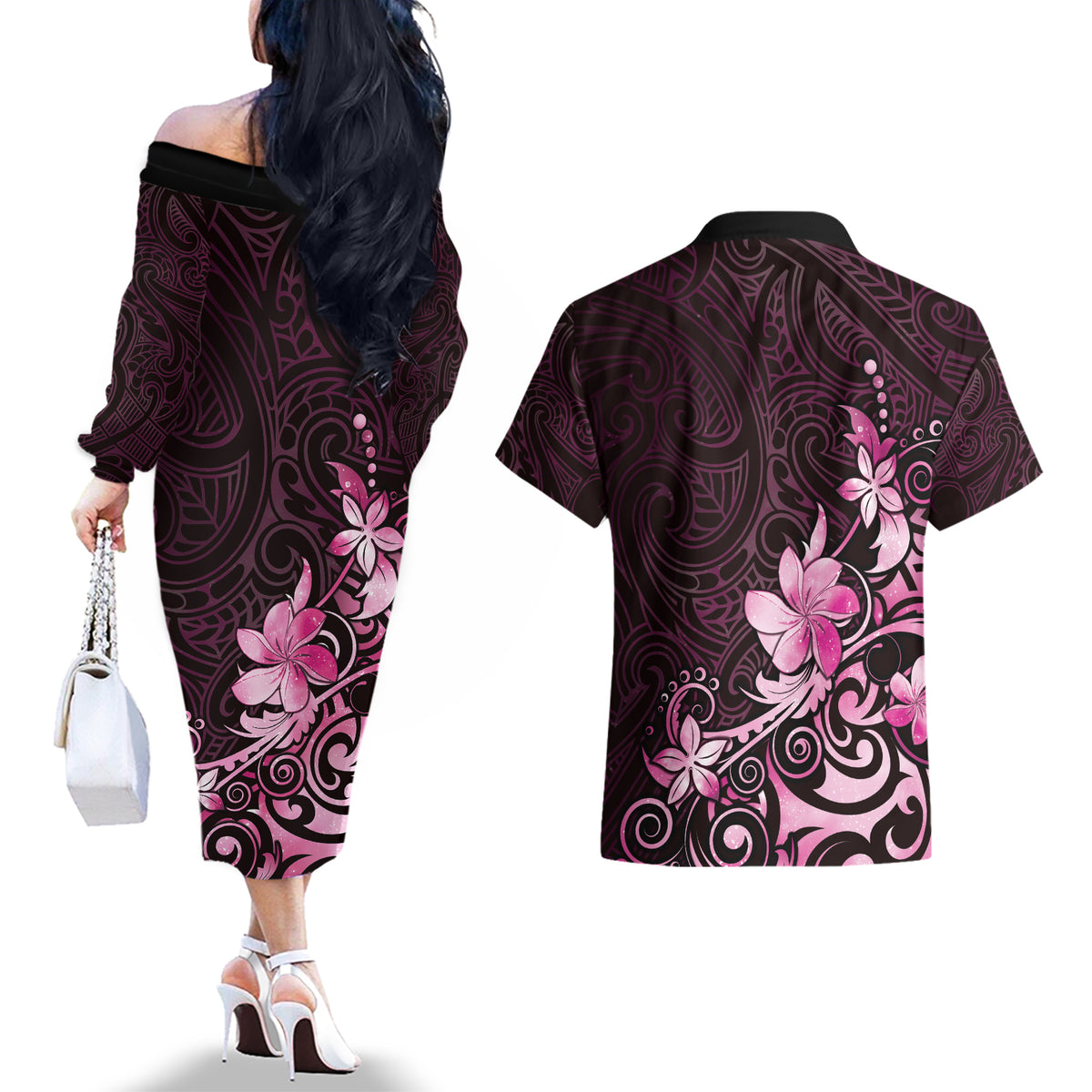 Matariki New Zealand Couples Matching Off The Shoulder Long Sleeve Dress and Hawaiian Shirt Maori Pattern Pink Galaxy LT05 - Polynesian Pride