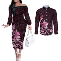 Matariki New Zealand Couples Matching Off The Shoulder Long Sleeve Dress and Long Sleeve Button Shirt Maori Pattern Pink Galaxy LT05 Pink - Polynesian Pride