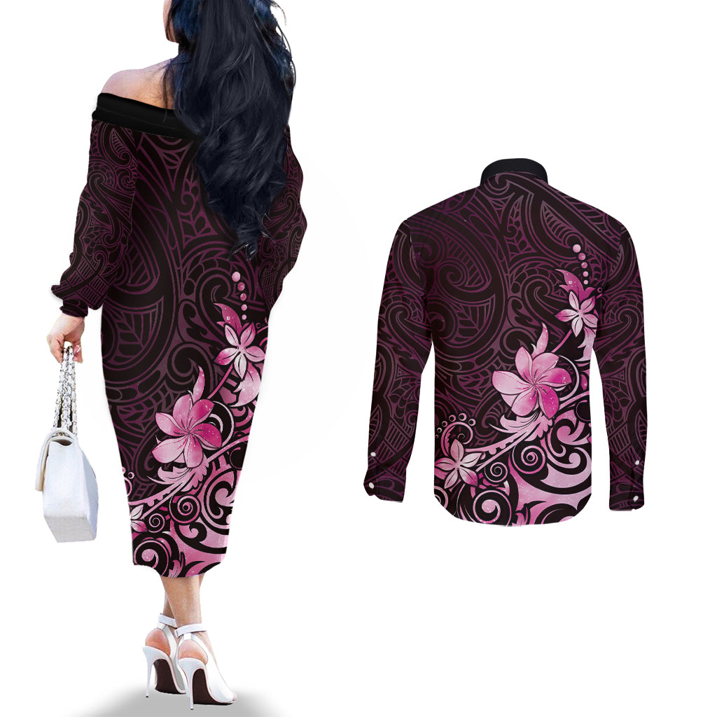 Matariki New Zealand Couples Matching Off The Shoulder Long Sleeve Dress and Long Sleeve Button Shirt Maori Pattern Pink Galaxy LT05 - Polynesian Pride