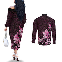 Matariki New Zealand Couples Matching Off The Shoulder Long Sleeve Dress and Long Sleeve Button Shirt Maori Pattern Pink Galaxy LT05 - Polynesian Pride