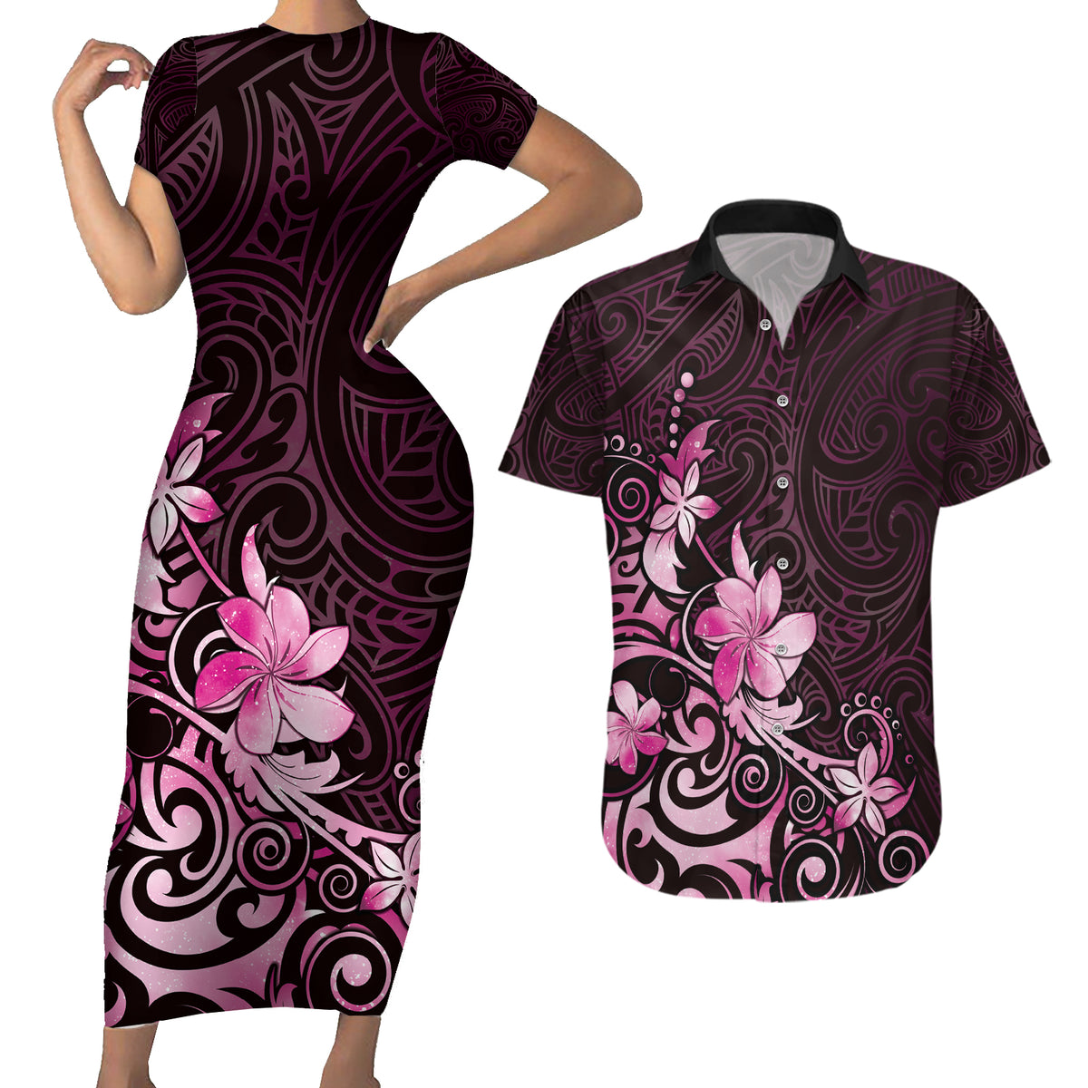 Matariki New Zealand Couples Matching Short Sleeve Bodycon Dress and Hawaiian Shirt Maori Pattern Pink Galaxy LT05 Pink - Polynesian Pride