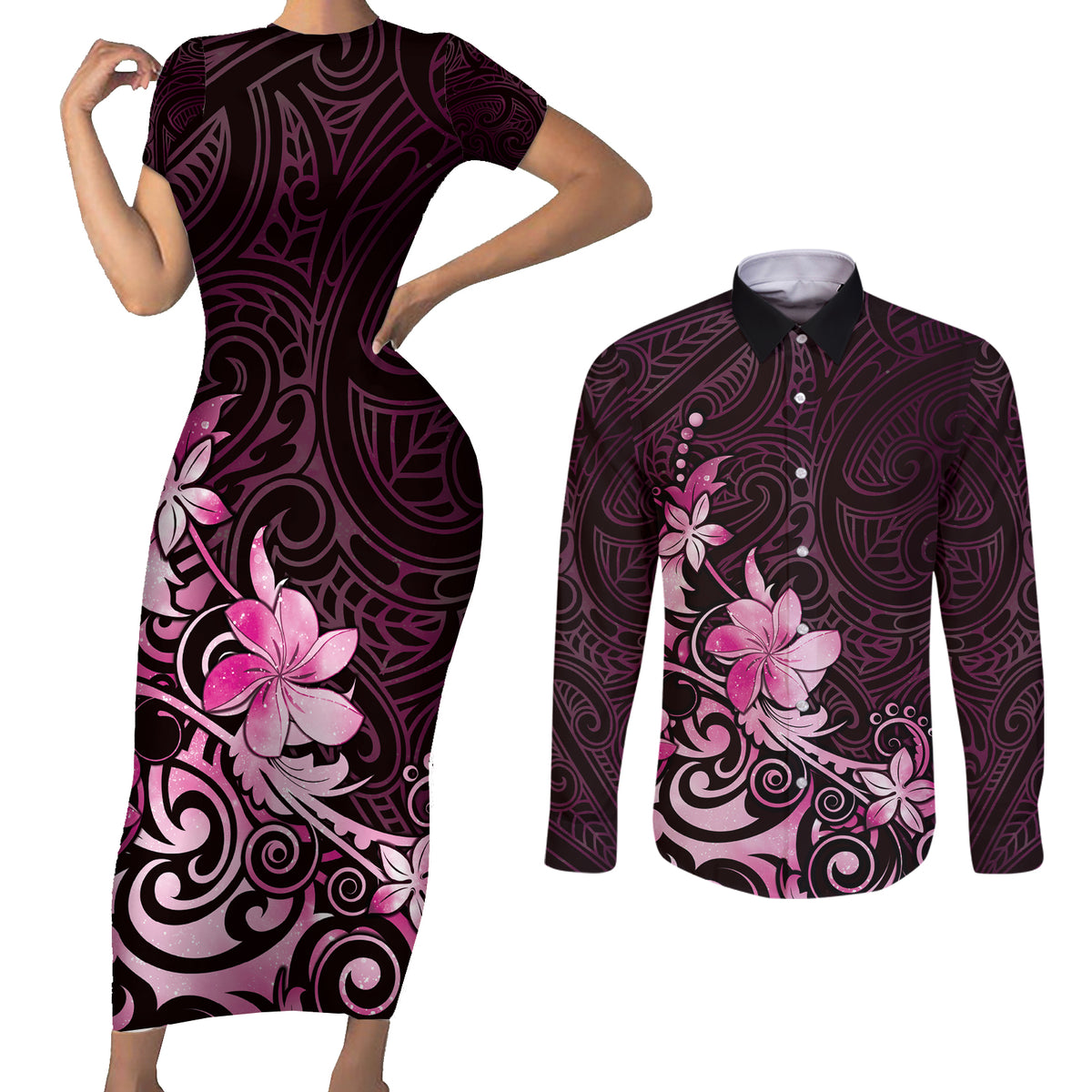 Matariki New Zealand Couples Matching Short Sleeve Bodycon Dress and Long Sleeve Button Shirt Maori Pattern Pink Galaxy LT05 Pink - Polynesian Pride